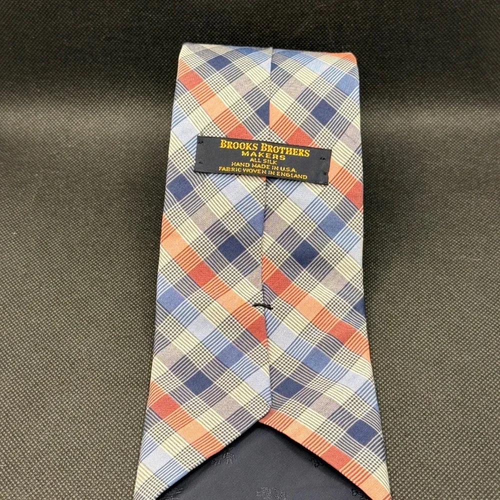 Vintage Brooks Brothers Blue Orange Plaid Silk Tie 4